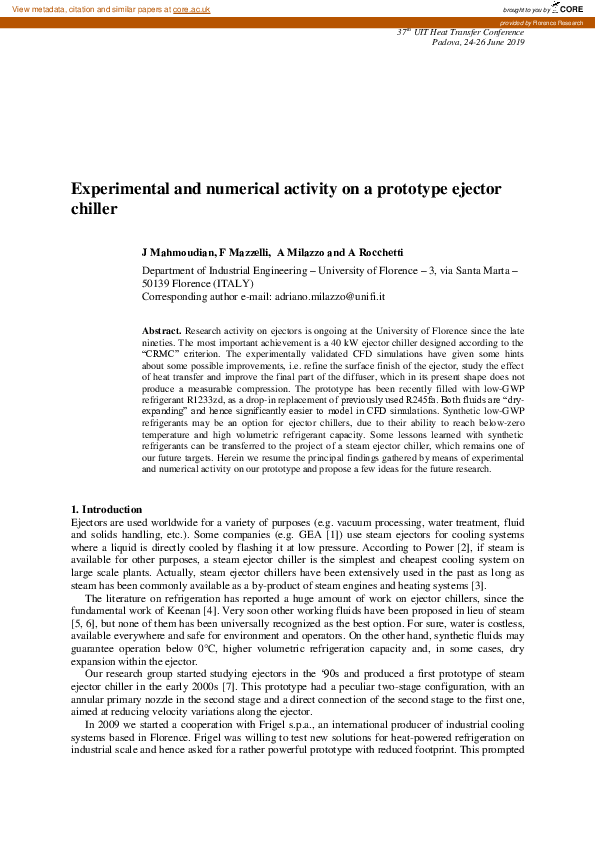 (PDF) Experimental and numerical activity on a prototype ejector chiller