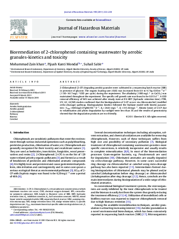 (PDF) Bioremediation of 2-chlorophenol containing wastewater by aerobic ...