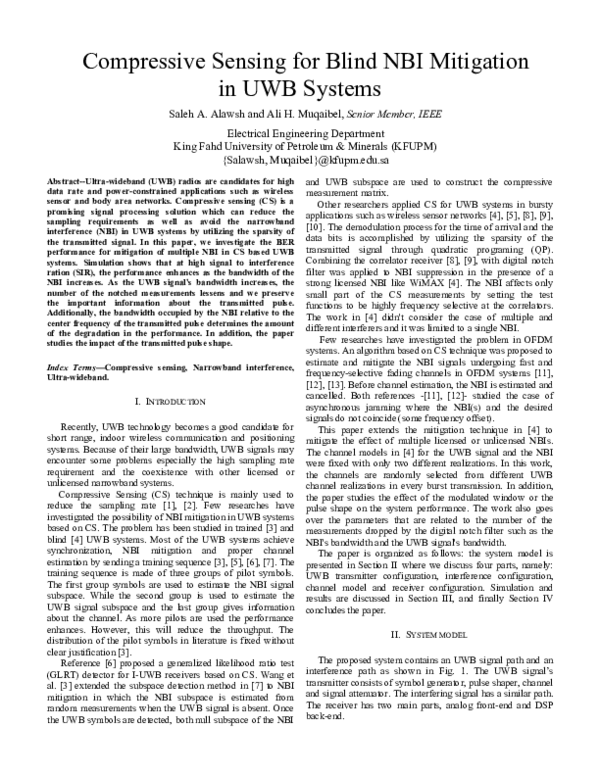 (PDF) Compressive sensing for blind NBI mitigation in UWB systems