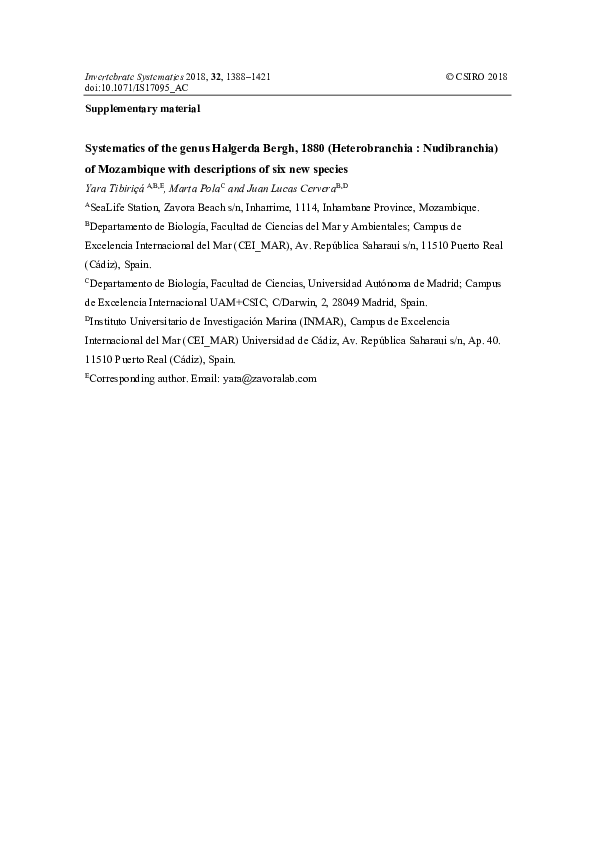 Systematics of the genus Halgerda Bergh, 1880 (Heterobranchia : Nudibranchia) of Mozambique with descriptions of six new species