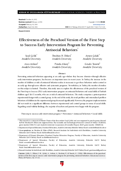 (PDF) Effectiveness of the Preschool Version of the First Step to ...