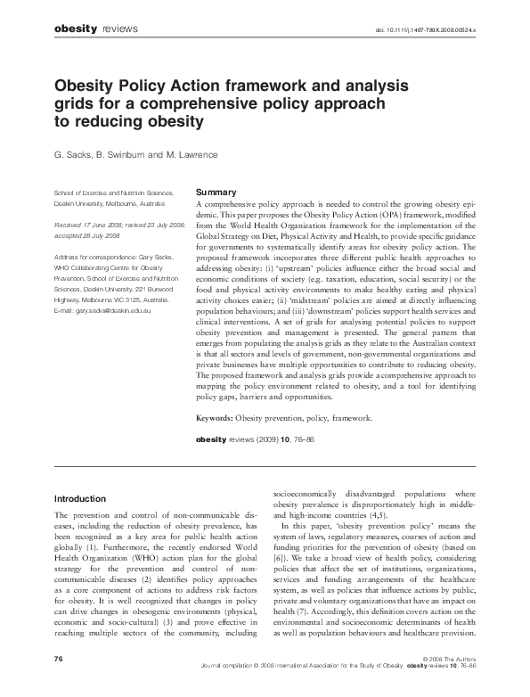(PDF) Obesity Policy Action framework and analysis grids for a ...