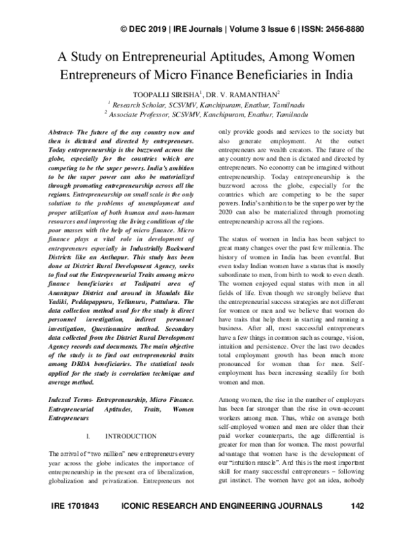 (PDF) A Study on Entrepreneurial Aptitudes, Among Women Entrepreneurs ...