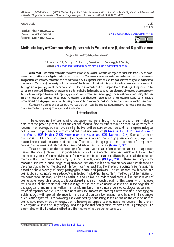 (PDF) Methodology of Comparative Research in Education: Role and ...