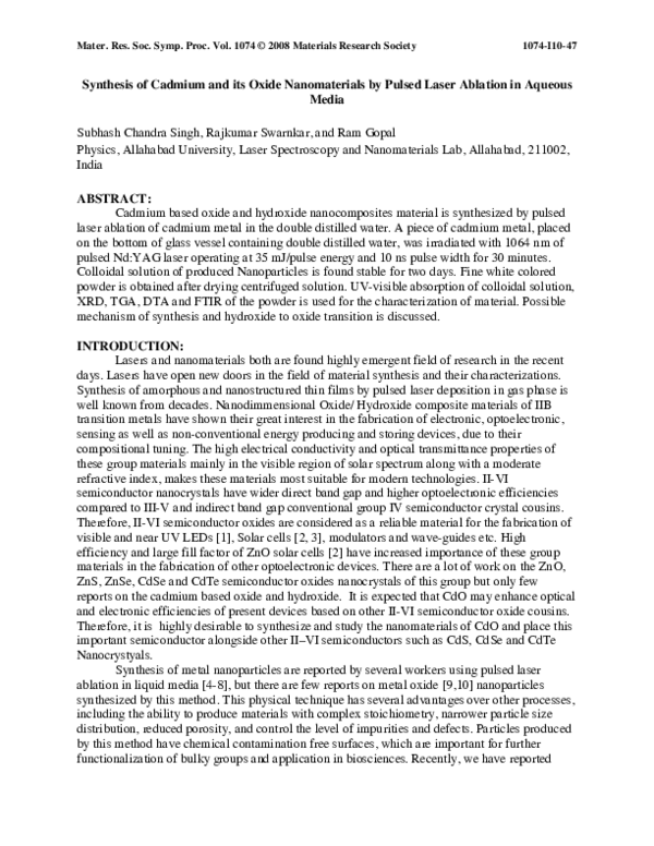 (PDF) Synthesis of Cadmium and its Oxide Nanomaterials by Pulsed Laser ...