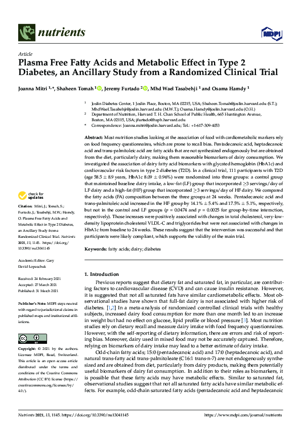 (PDF) Plasma Free Fatty Acids and Metabolic Effect in Type 2 Diabetes ...