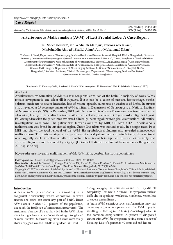 (PDF) Arteriovenous Malformation (AVM) of Left Frontal Lobe: A Case Report