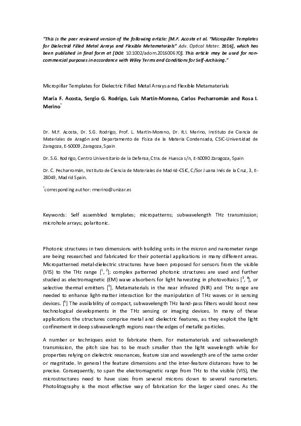 (PDF) Micropillar Templates for Dielectric Filled Metal Arrays and ...