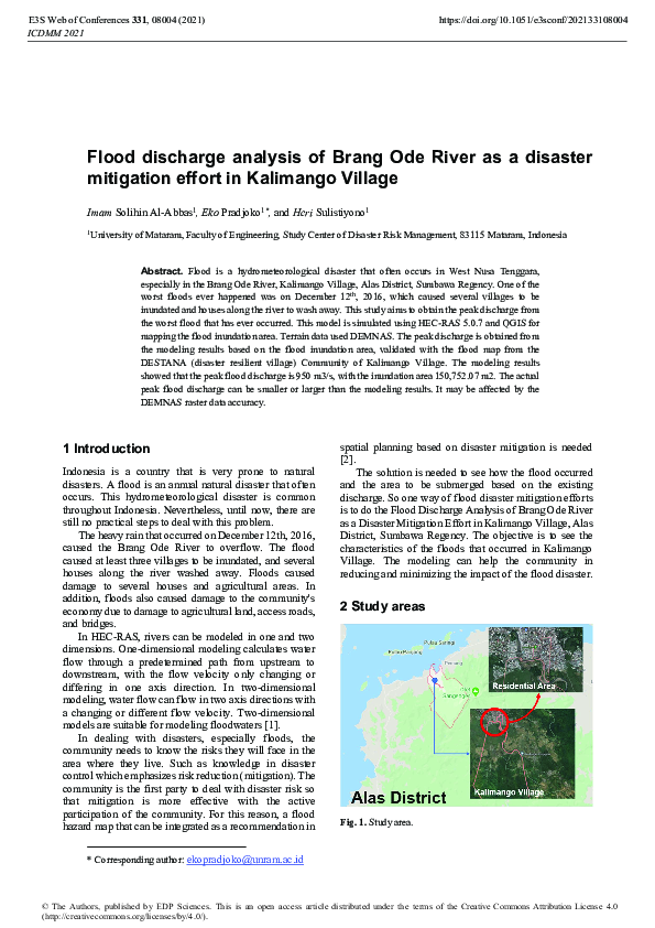 (PDF) Flood discharge analysis of Brang Ode River as a disaster ...