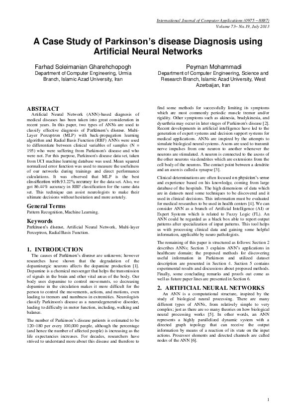 (PDF) A Case Study of Parkinson's Disease Diagnosis using Artificial ...