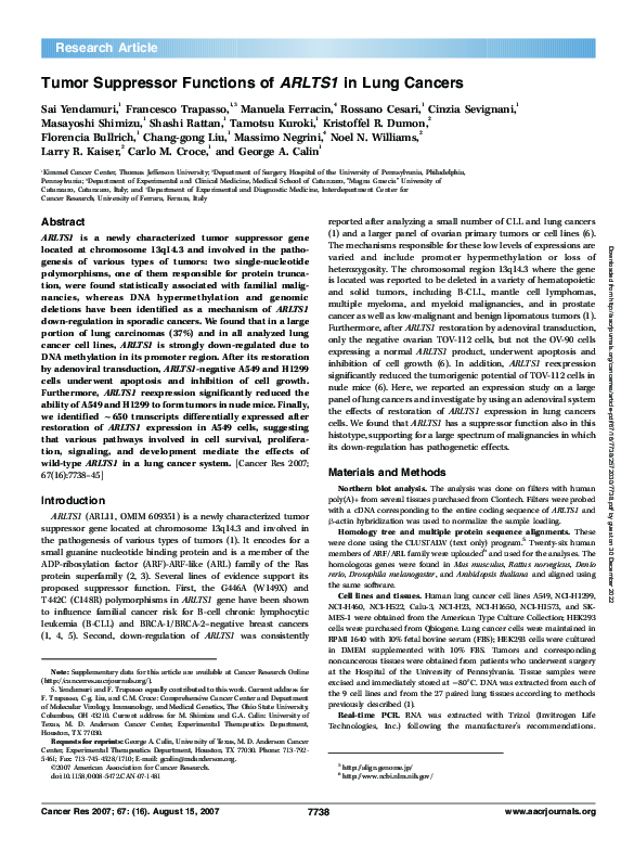 (PDF) Tumor Suppressor Functions of ARLTS1 in Lung Cancers