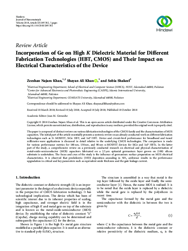 (PDF) Incorporation of Ge on High K Dielectric Material for Different ...