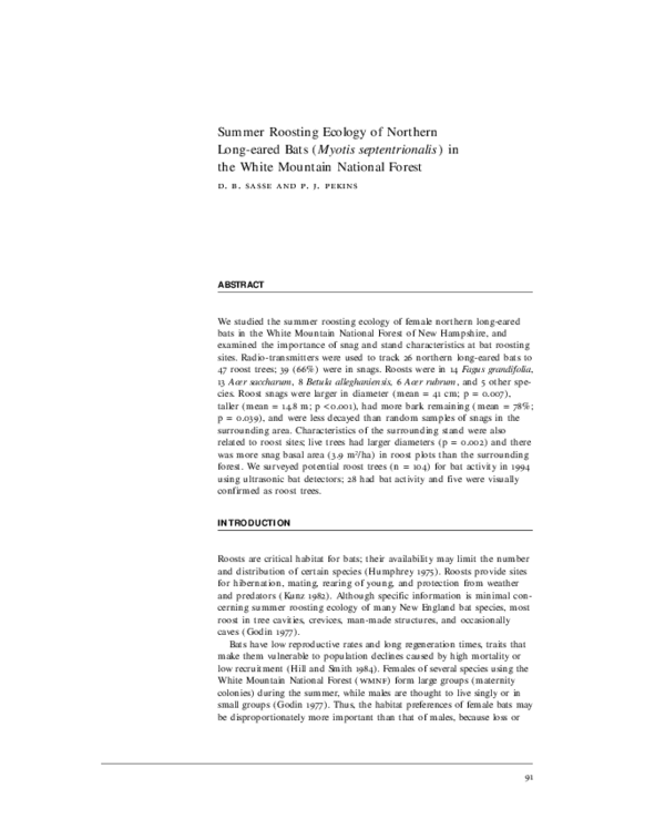 (PDF) Summer Roosting Ecology of Northern Long-eared Bats ( Myotis ...