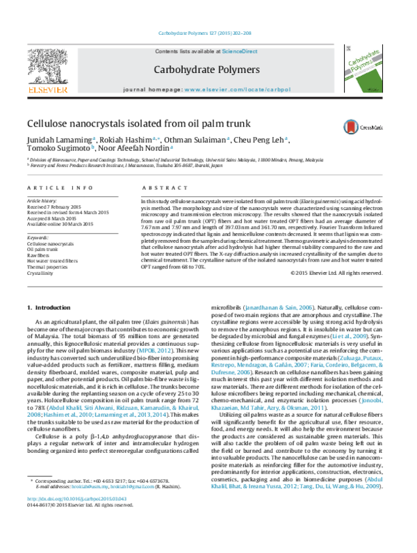 (PDF) Cellulose nanocrystals isolated from oil palm trunk