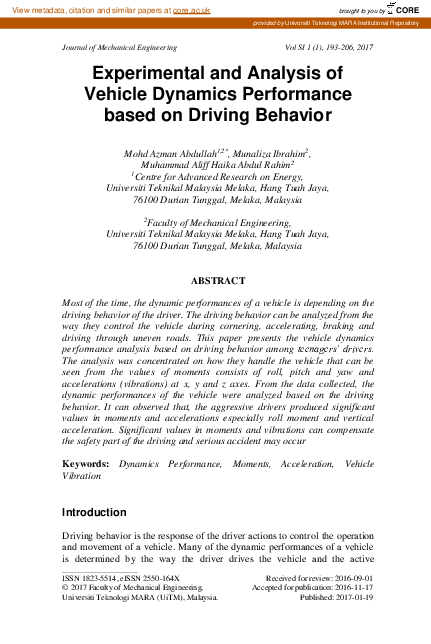 (PDF) Experimental and analysis of vehicle dynamics performance based ...