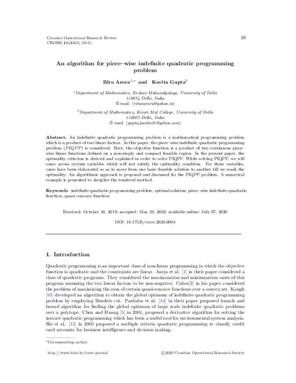 (PDF) An algorithm for piece-wise indefinite quadratic programming problem