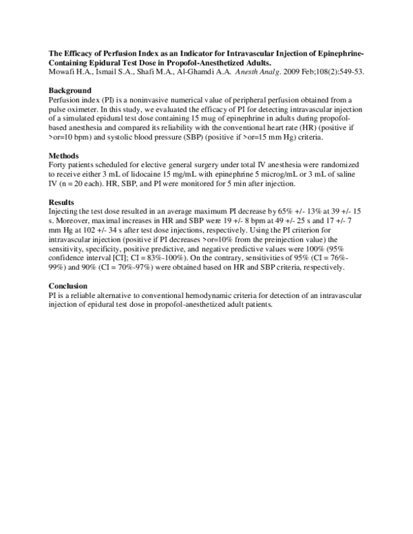 (PDF) The Efficacy of Perfusion Index as an Indicator for Intravascular ...