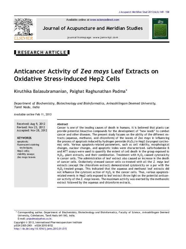 (PDF) Anticancer Activity of Zea mays Leaf Extracts on Oxidative Stress ...