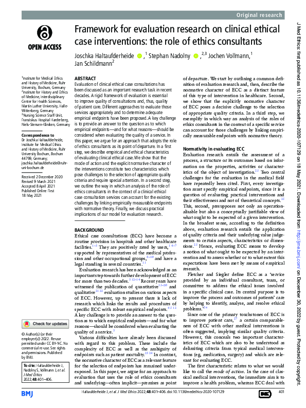 (PDF) Framework for evaluation research on clinical ethical case ...