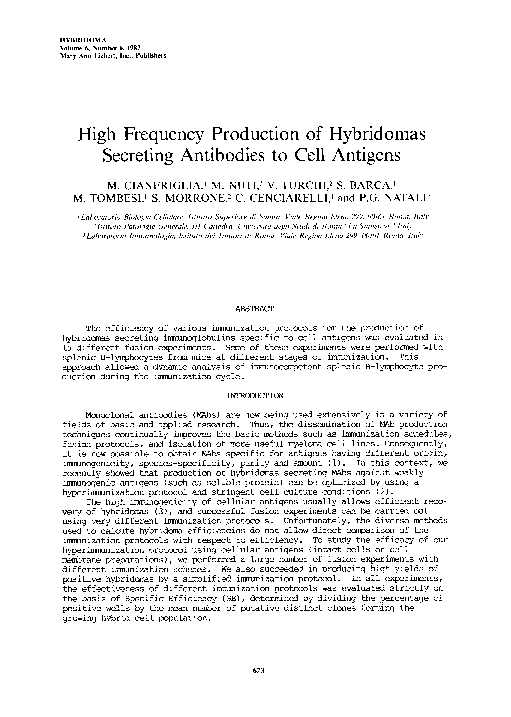 (PDF) High Frequency Production of Hybridomas Secreting Antibodies to
