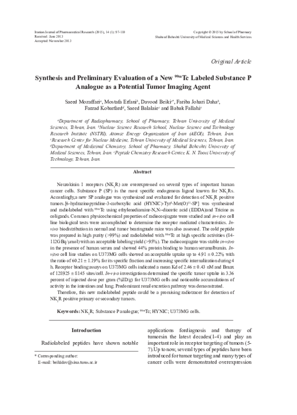 (PDF) Synthesis and Preliminary Evaluation of a New 99mTc Labeled ...