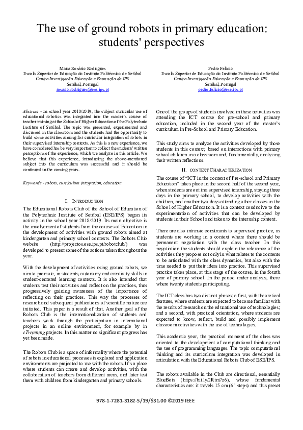 (PDF) The use of ground robots in primary education: students' perspectives