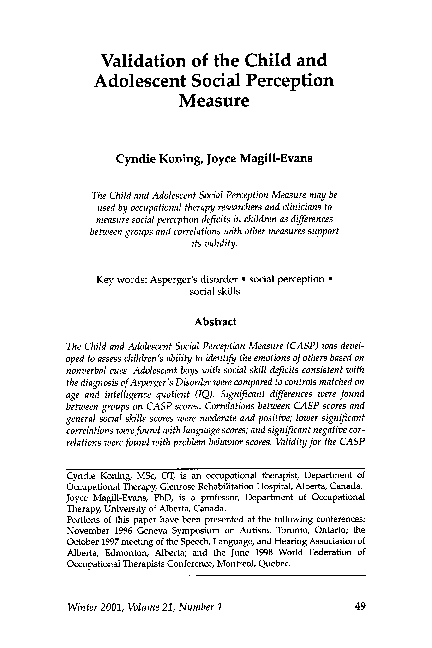 (PDF) Validation of the Child and Adolescent Social Perception Measure