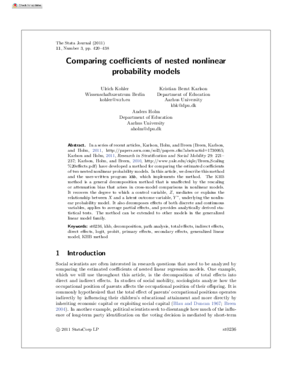 (PDF) Comparing Coefficients of Nested Nonlinear Probability Models