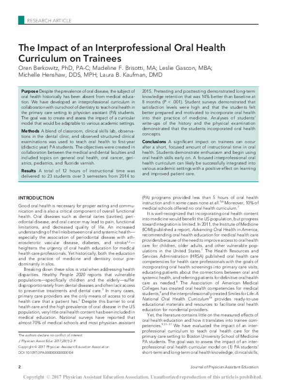 (PDF) The Impact of an Interprofessional Oral Health Curriculum on Trainees