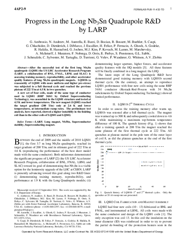 (PDF) Progress in the Long ${\rm Nb}_{3}{\rm Sn}$ Quadrupole R&D by LARP