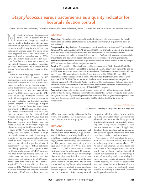 (PDF) Staphylococcus aureus bacteraemia as a quality indicator for ...