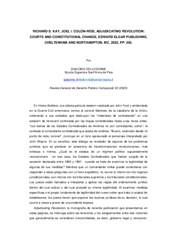 (PDF) Recensión: R. Kay, J. Colón-Ríos, Adjudicating Revolution: Courts ...