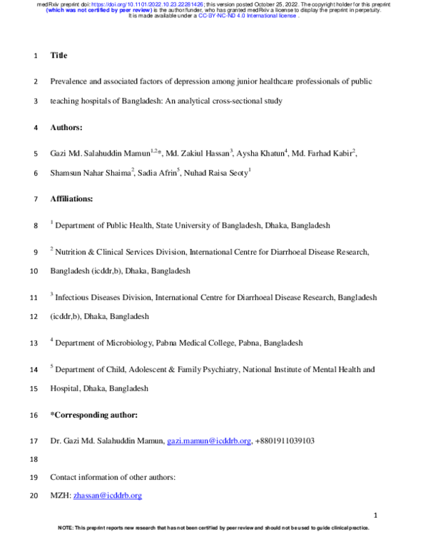 (PDF) Prevalence and associated factors of depression among junior ...