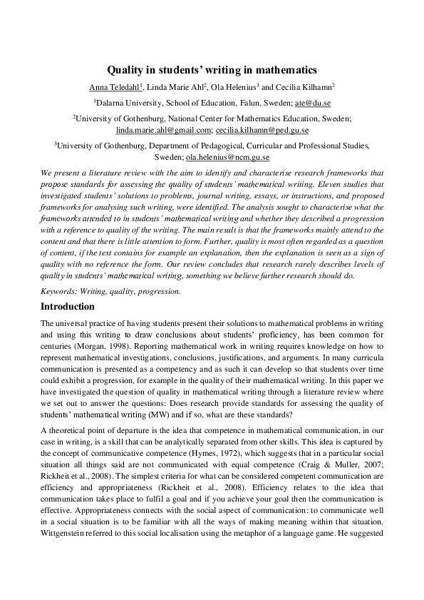(PDF) Quality in students' writing in mathematics