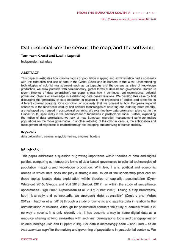 (PDF) Data colonialism: the census, the map, and the software
