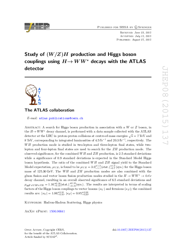 (PDF) Study of (W/Z)H production and Higgs boson couplings using H→ W W ...