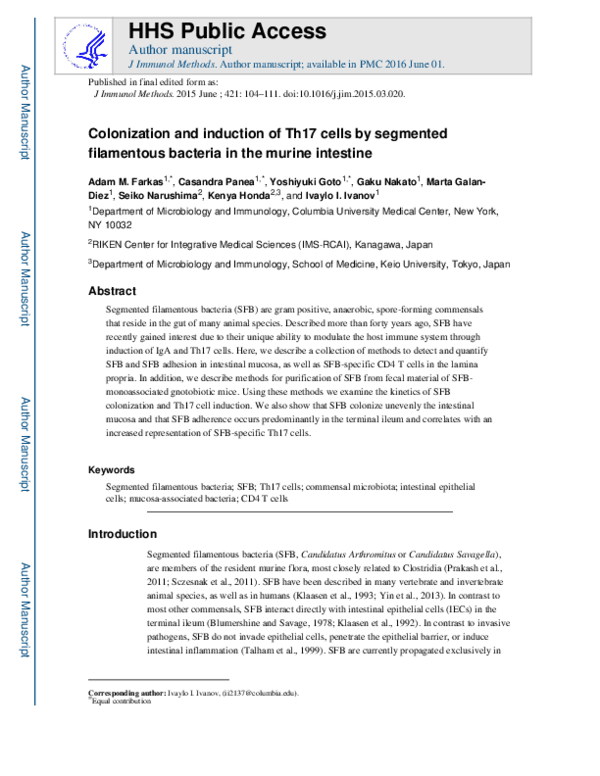 (PDF) Induction of Th17 cells by segmented filamentous bacteria in the ...