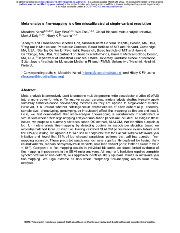 (PDF) Meta-analysis fine-mapping is often miscalibrated at single ...