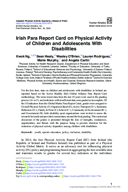 (PDF) Irish Para Report Card on Physical Activity of Children and ...