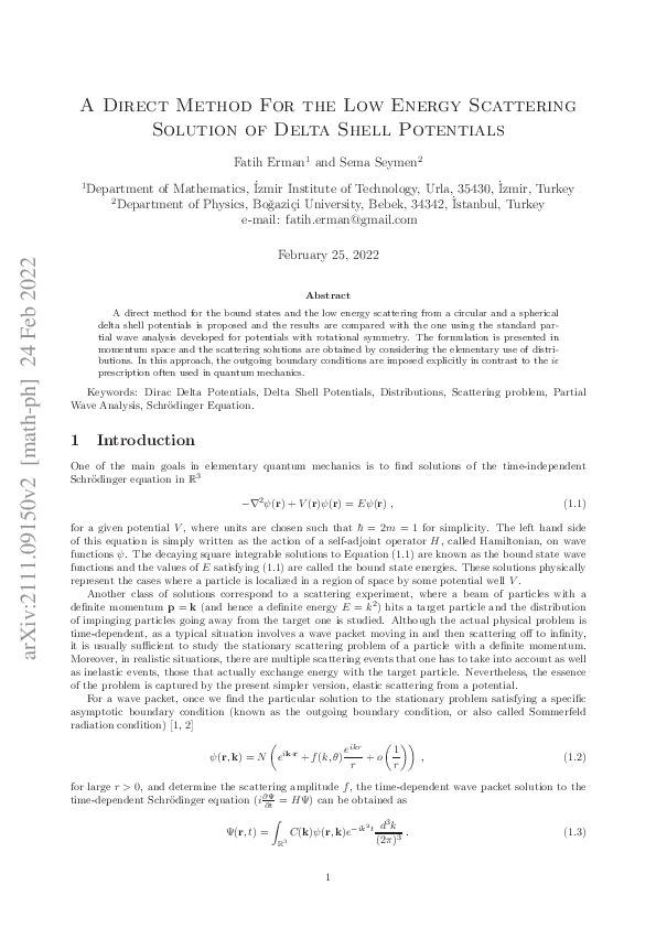 (PDF) A direct method for the low energy scattering solution of delta ...