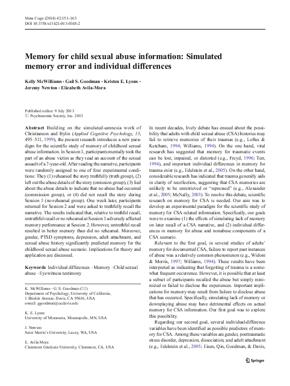 (PDF) Memory for child sexual abuse information: Simulated memory error ...