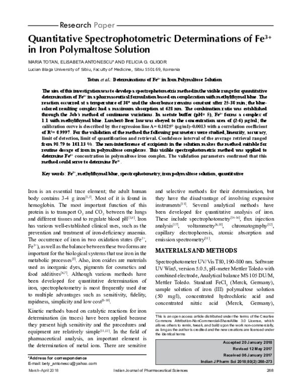 (PDF) Quantitative Spectrophotometric Determinations of Fe3+ in Iron ...