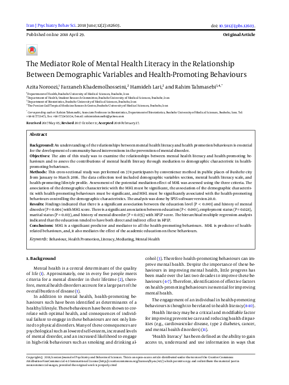 (PDF) The Mediator Role of Mental Health Literacy in the Relationship ...