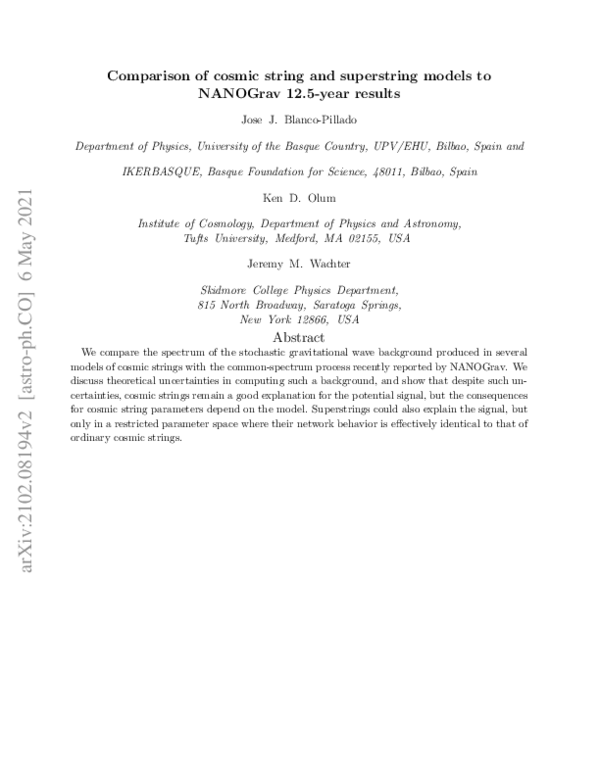 (PDF) Comparison of cosmic string and superstring models to NANOGrav 12 ...
