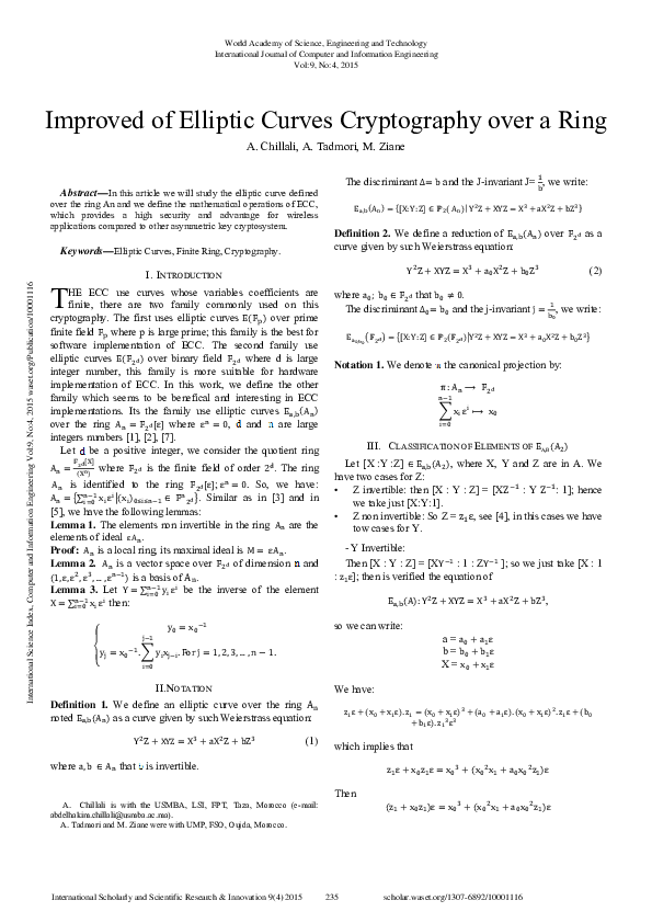 (PDF) Improved Of Elliptic Curves Cryptography Over A Ring