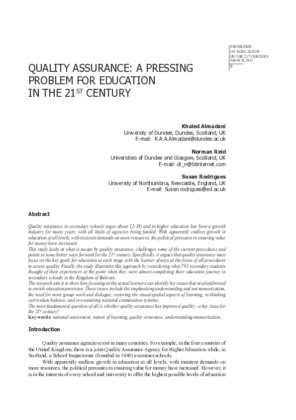 (PDF) Quality assurance: a pressing problem for education in the 21st ...
