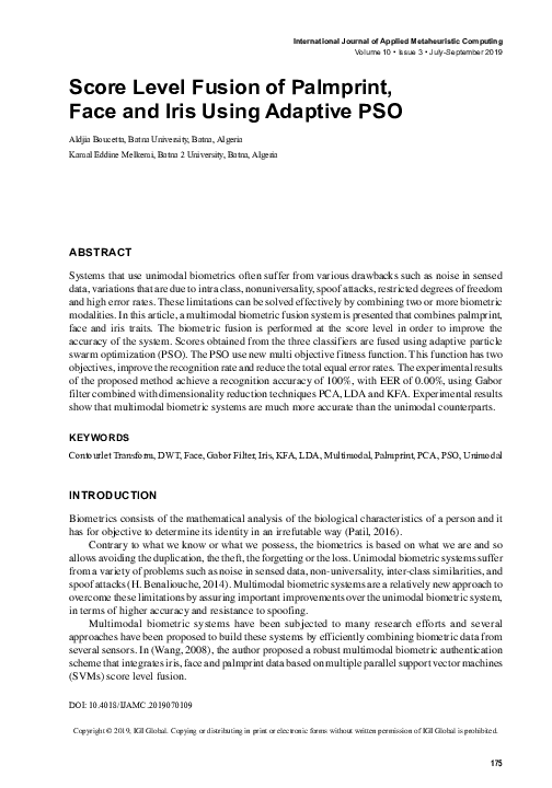 (PDF) Score Level Fusion of Palmprint, Face and Iris Using Adaptive PSO