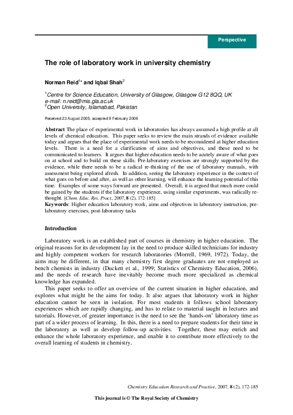(PDF) The role of laboratory work in university chemistry