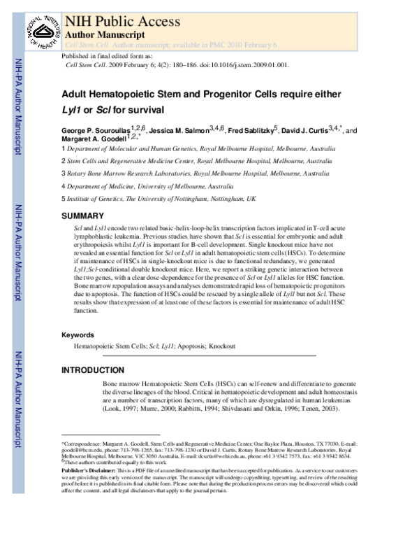 (PDF) Adult Hematopoietic Stem and Progenitor Cells Require Either Lyl1 ...