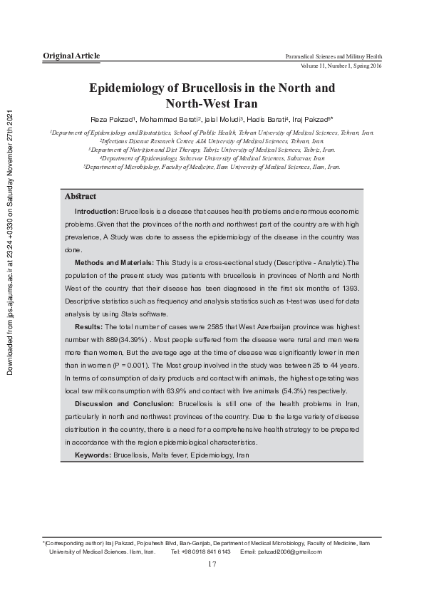 (PDF) Epidemiology of Brucellosis in the North and North-West Iran
